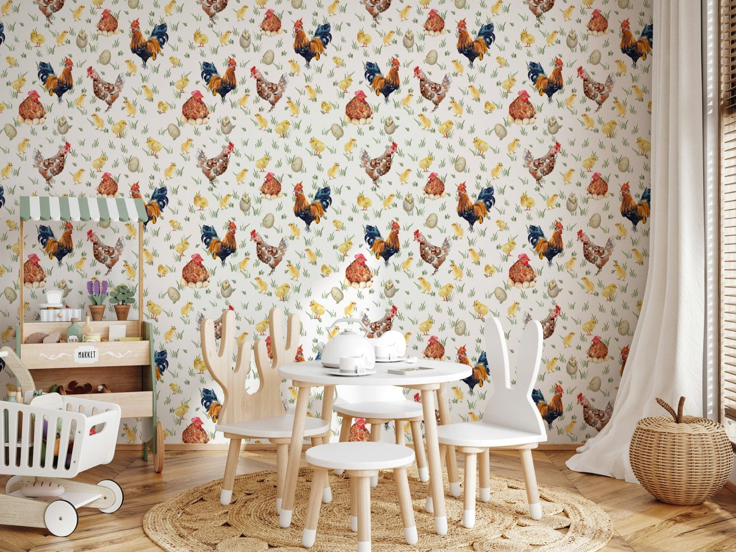 Whimsical Watercolor Chicken Coop wallpaper hens and eggs.