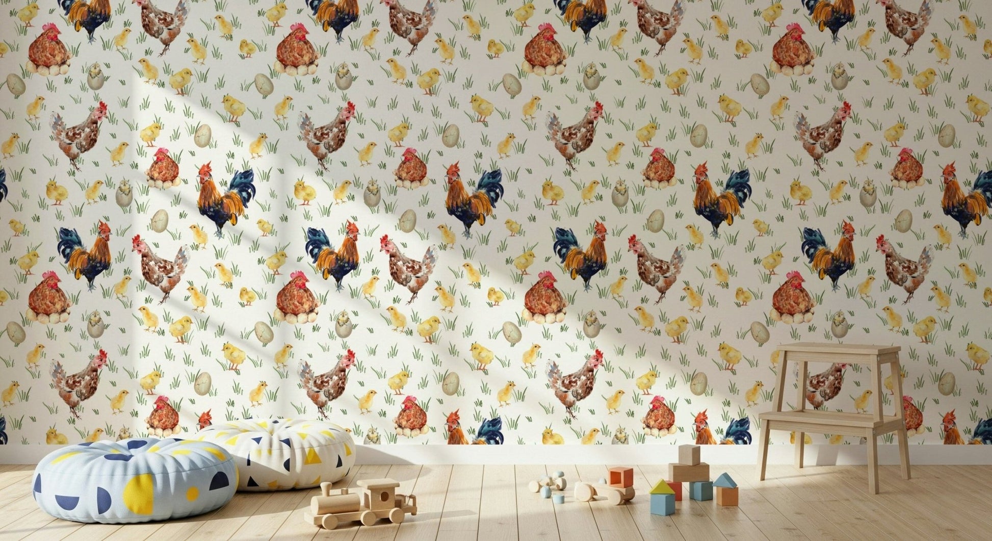Watercolor Chicken Coop wall art colorful chicken and chick.