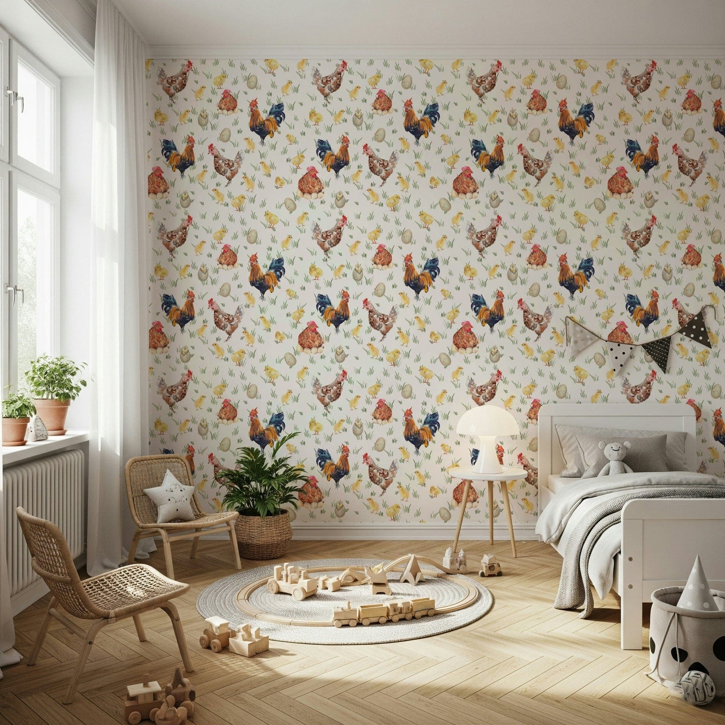 Adorable Watercolor Chicken Coop wall graphic poultry scene.