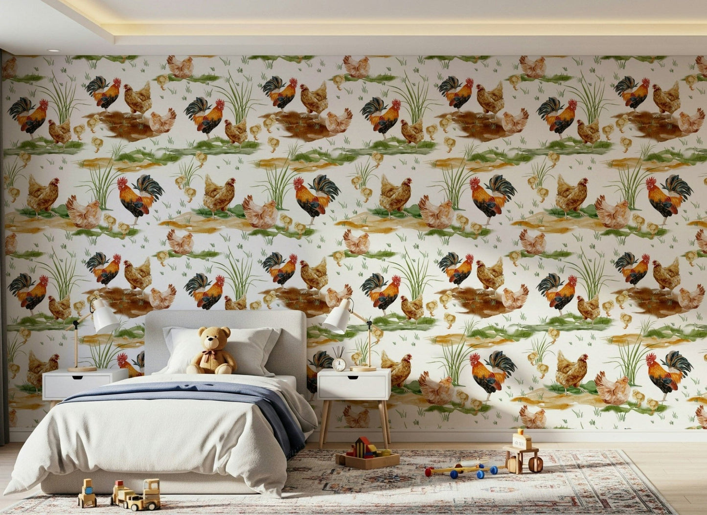 Artistic Watercolor Chicken Coop background, lively and detailed poultry.