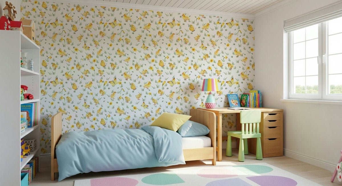 Watercolor Chicks Wallpaper charming spring ducklings and daffodils wall mural.