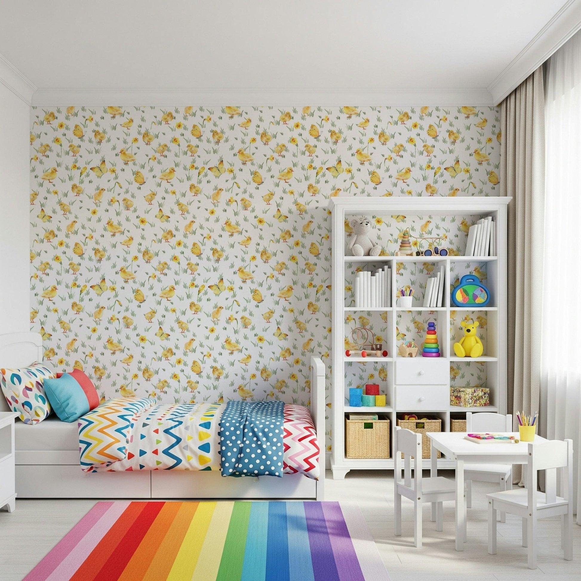 Sweet yellow ducklings grass Watercolor Chicks wallcovering nursery decor.