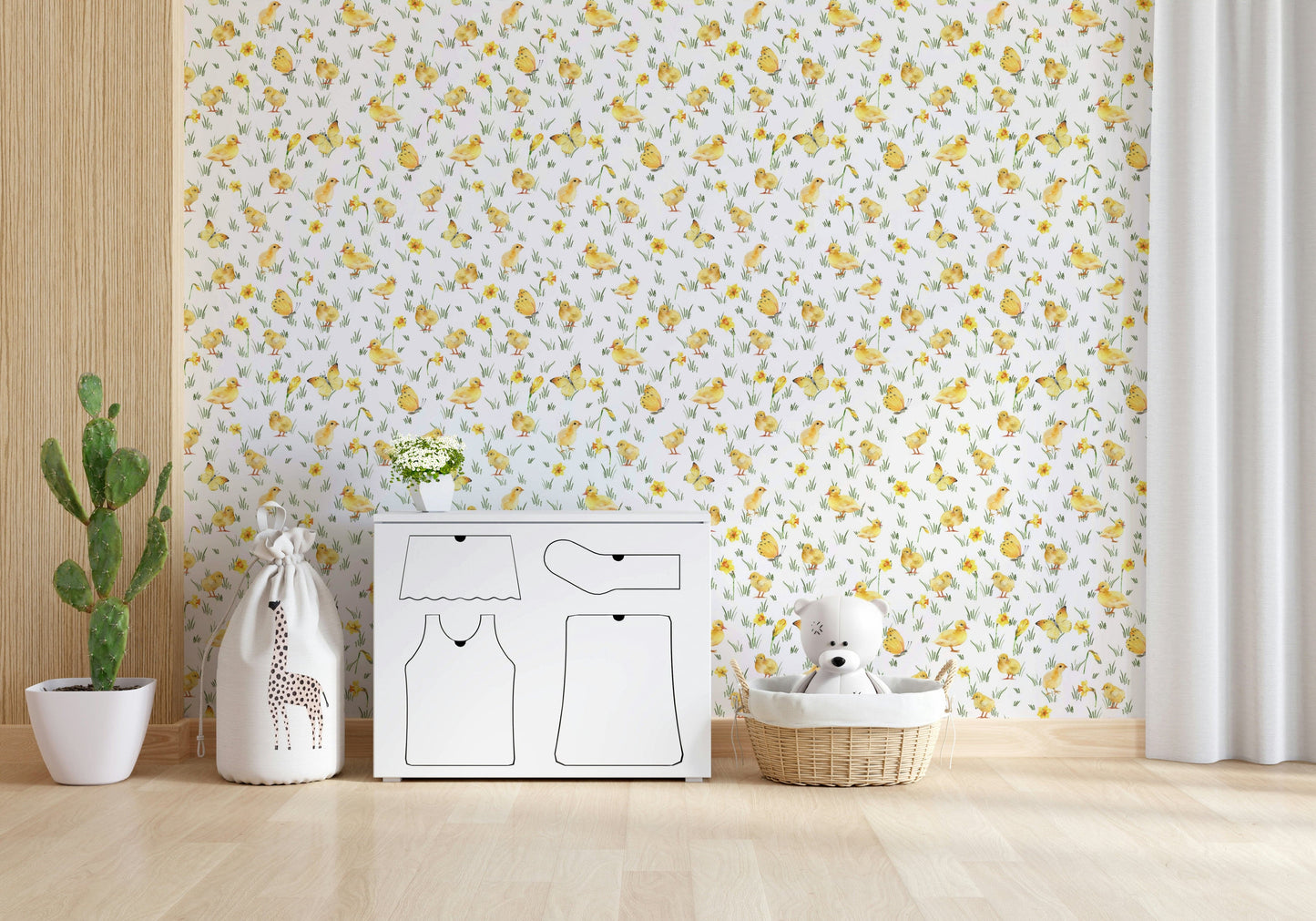 Gentle grass print Watercolor Chicks wallcovering with baby fowl artwork.