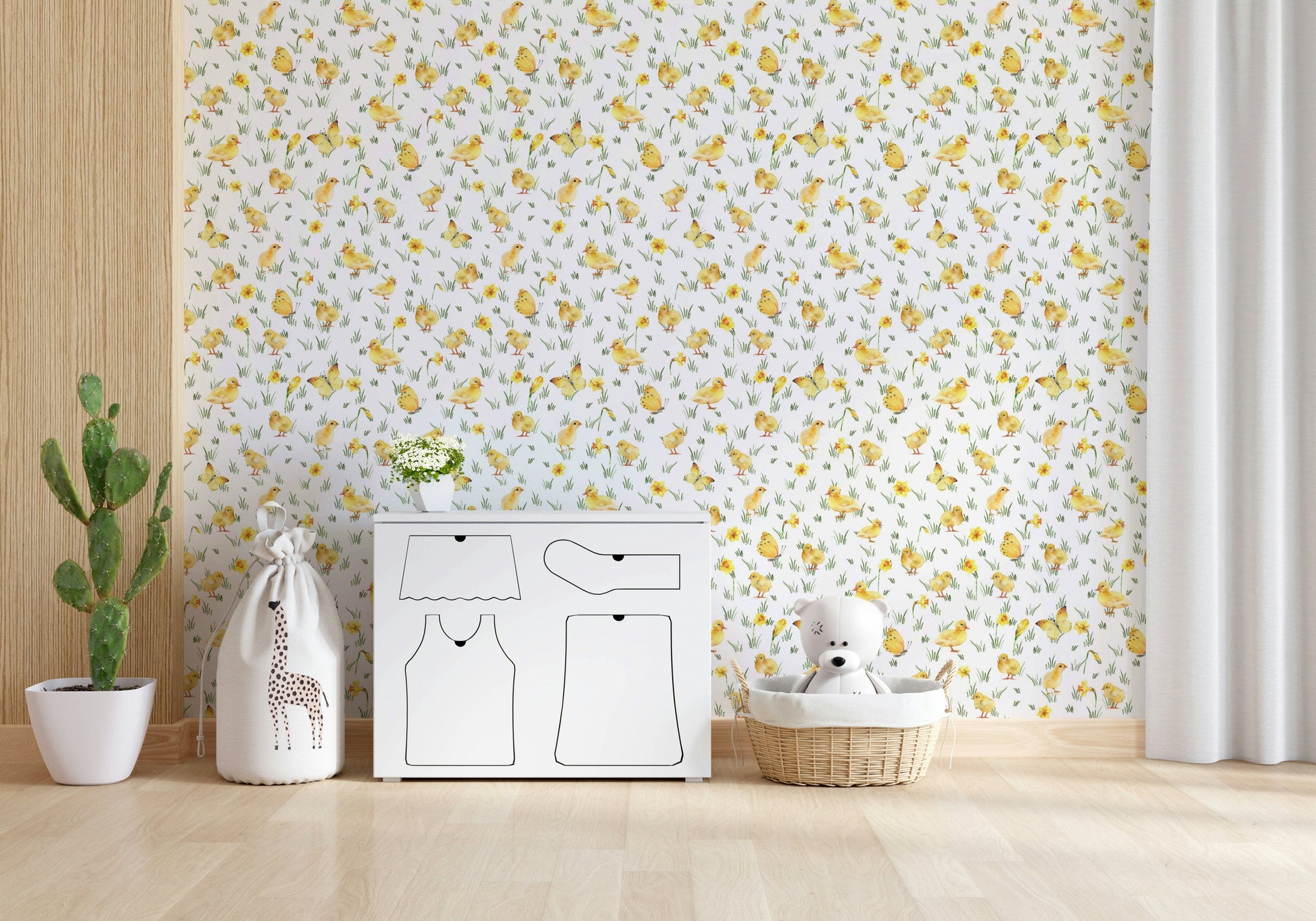 Gentle grass print Watercolor Chicks wallcovering with baby fowl artwork.