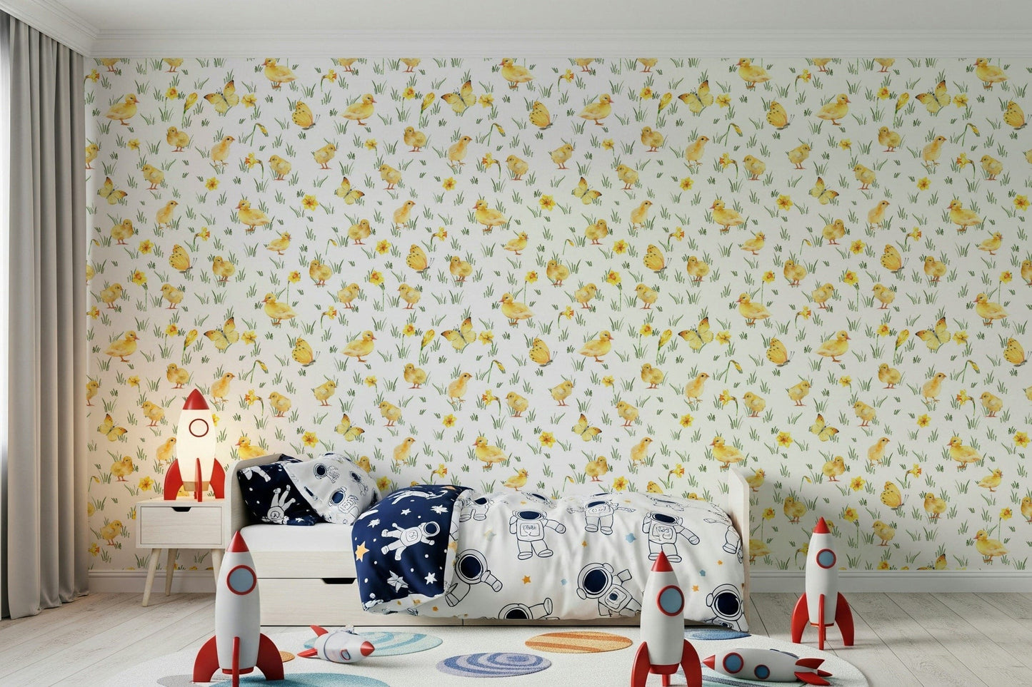 Hand-painted springtime pattern Watercolor Chicks self-adhesive wallcovering.