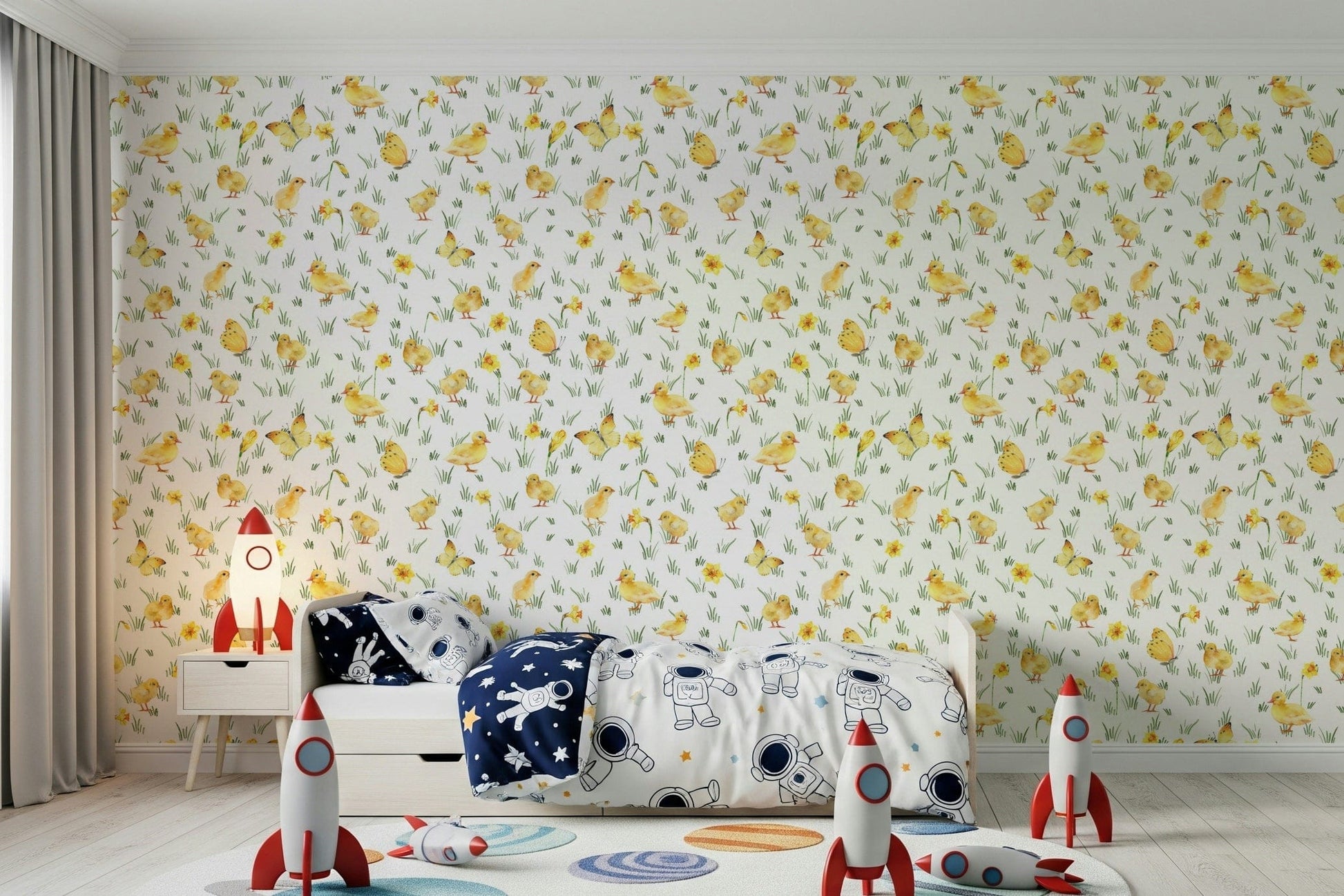 Hand-painted springtime pattern Watercolor Chicks self-adhesive wallcovering.