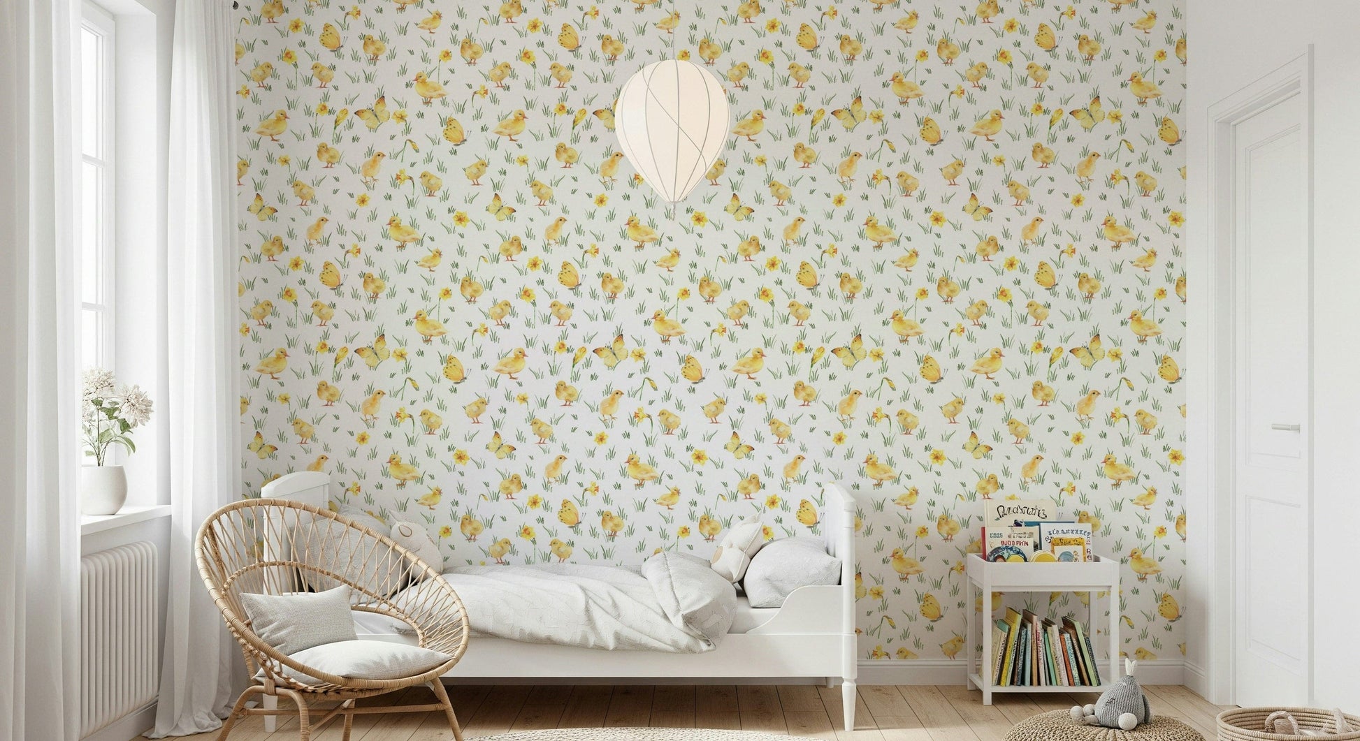 Whimsical yellow Watercolor Chicks Wallpaper room decor featuring blooms.