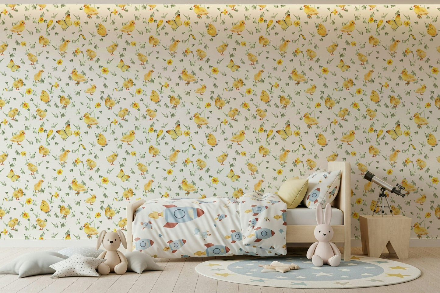 Pastel yellow chicks and butterflies Watercolor Chicks nursery wall accent.