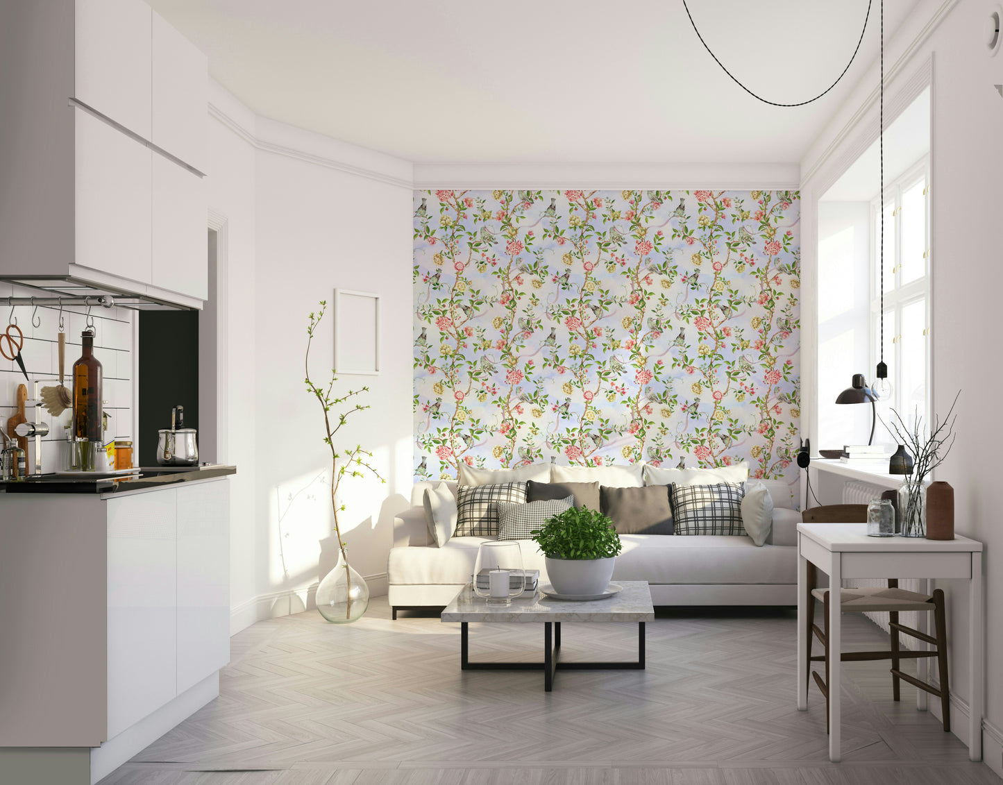 Close-up of watercolor-style blooms and leaves in a vintage pattern.

