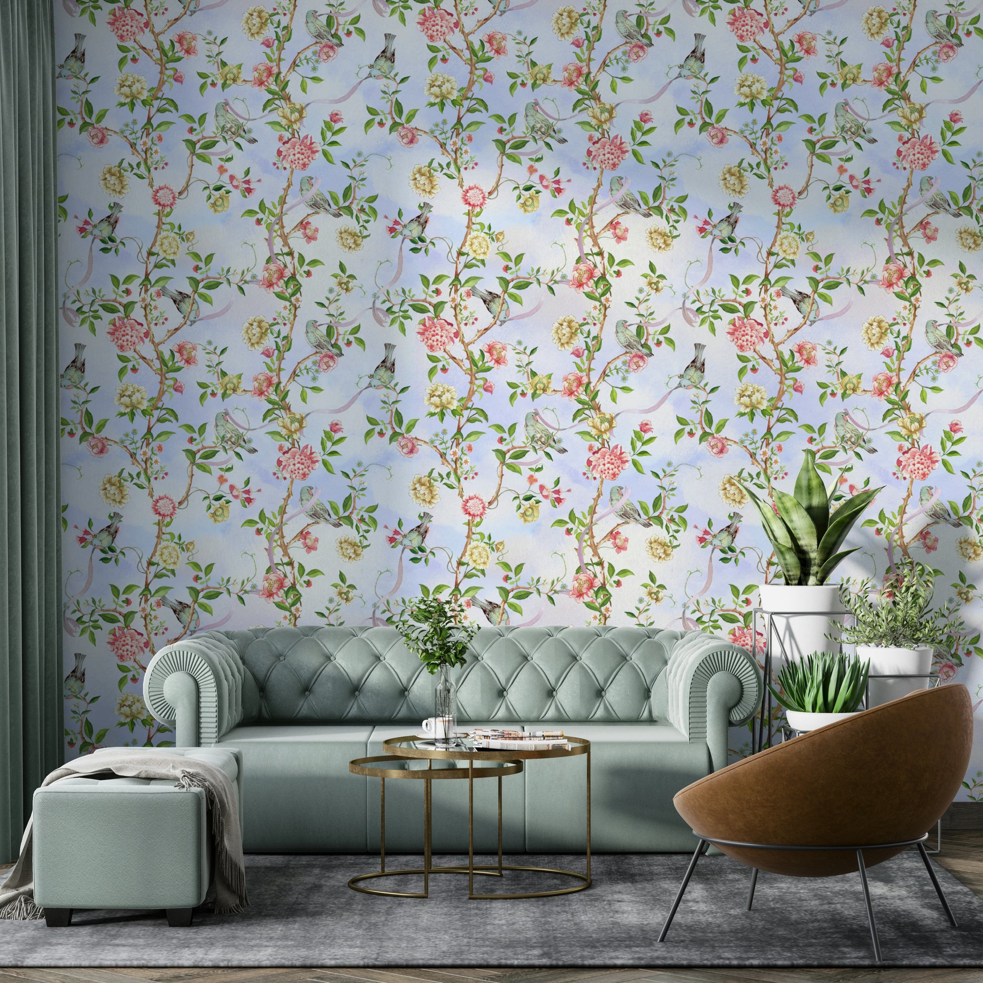 Soft botanical wallpaper with delicate watercolor flowers.

