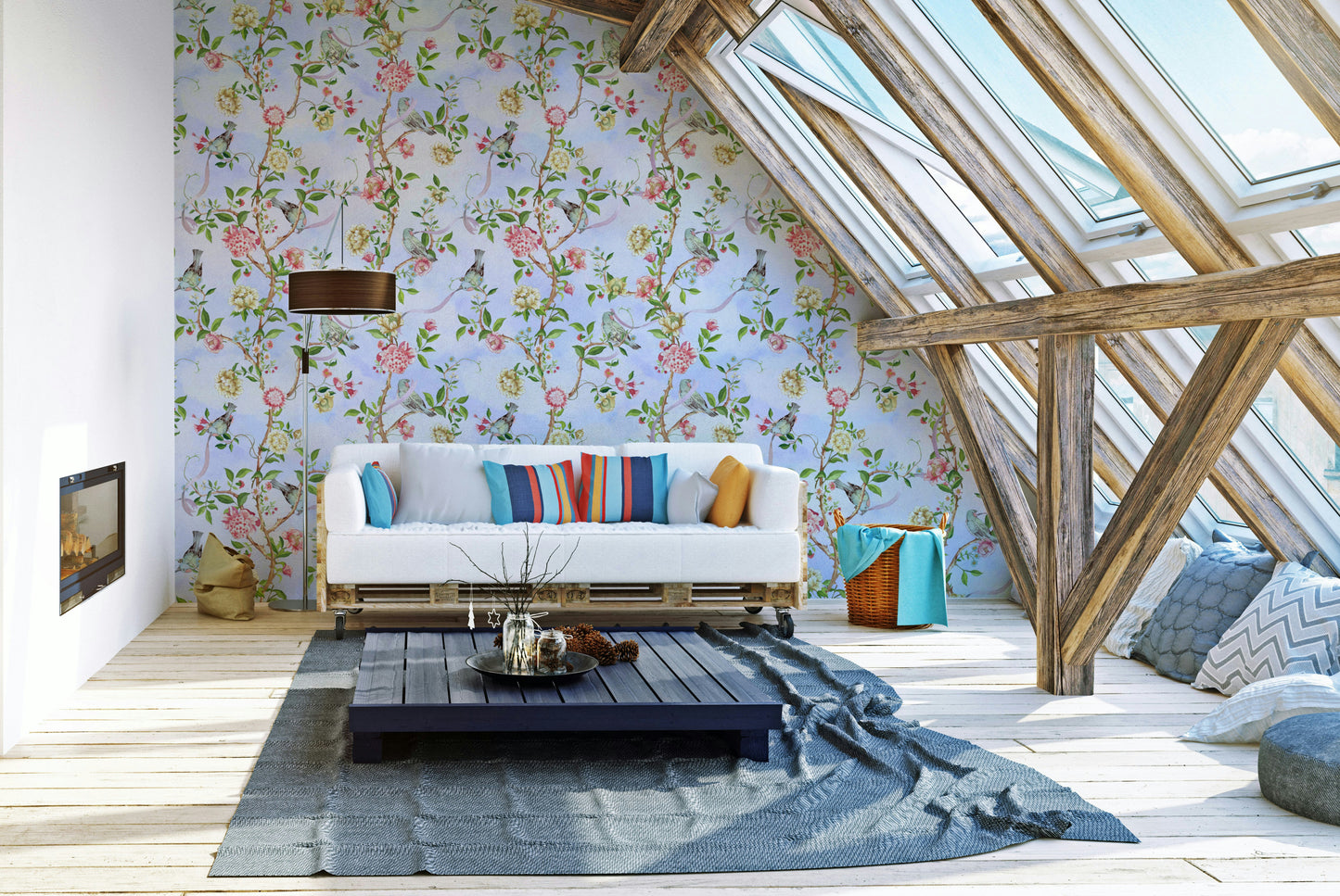 Watercolor Chinoiserie Bloom Wallpaper with soft florals and branches.

