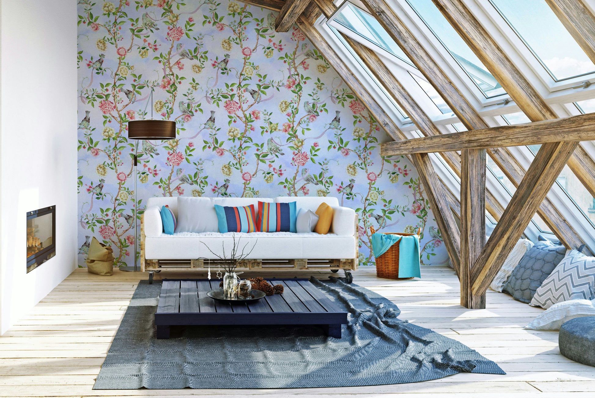 Watercolor Chinoiserie Bloom Wallpaper with soft florals and branches.

