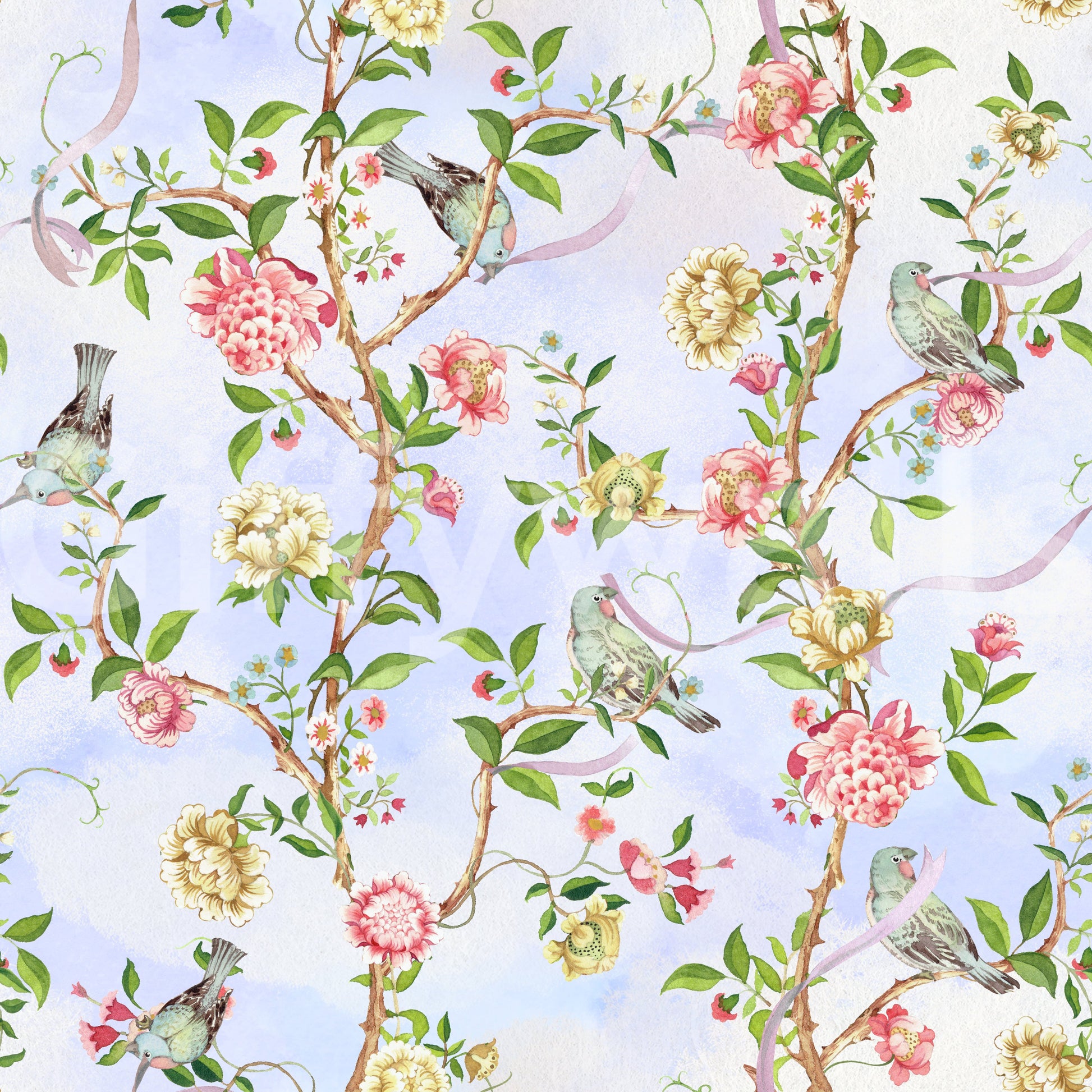 Light and airy mural with floral branches and hand-painted charm.


