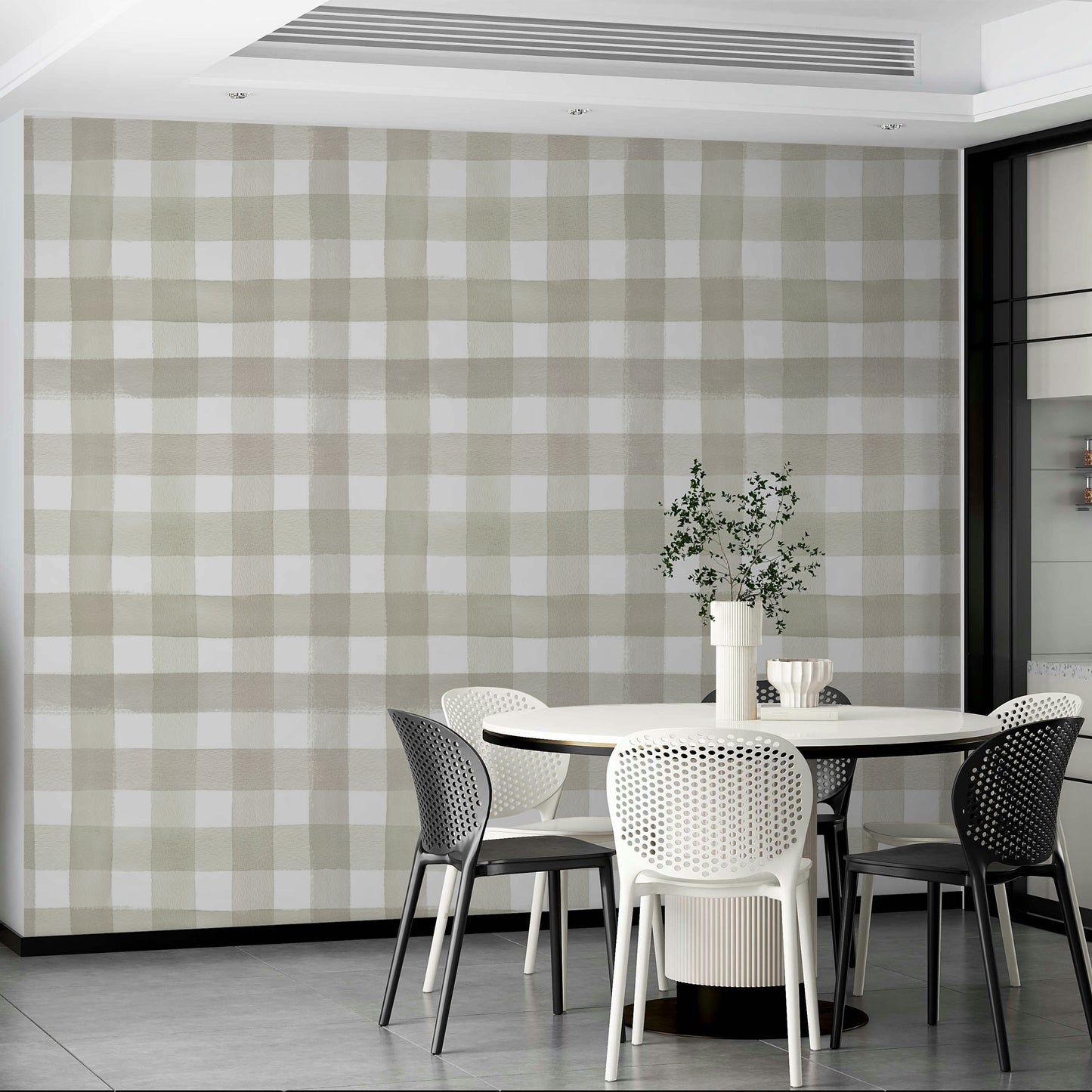 Wallpaper with soft beige squares in a timeless plaid pattern.

