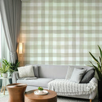 Hand-painted beige gingham wallpaper with a relaxed look.

