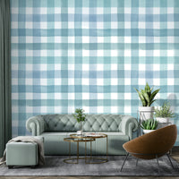 Blue checkered mural ideal for farmhouse or minimalist interiors.

