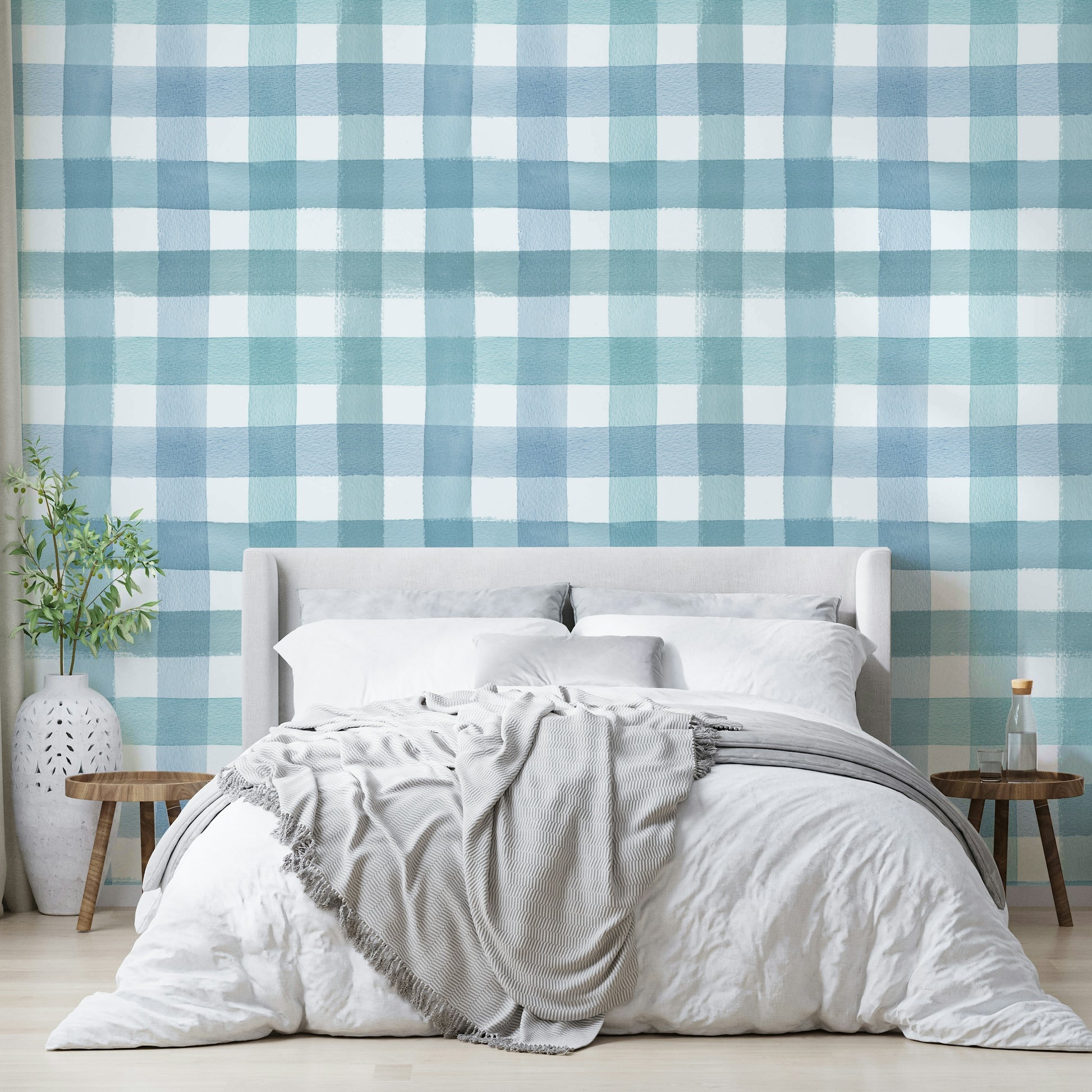 Watercolor blue gingham design perfect for kitchens and cottage spaces.

