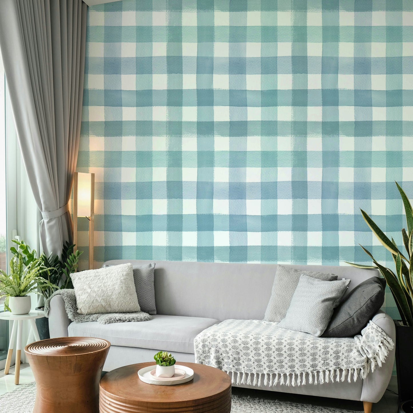 Soft blue gingham wallpaper featuring a watercolor-style finish.

