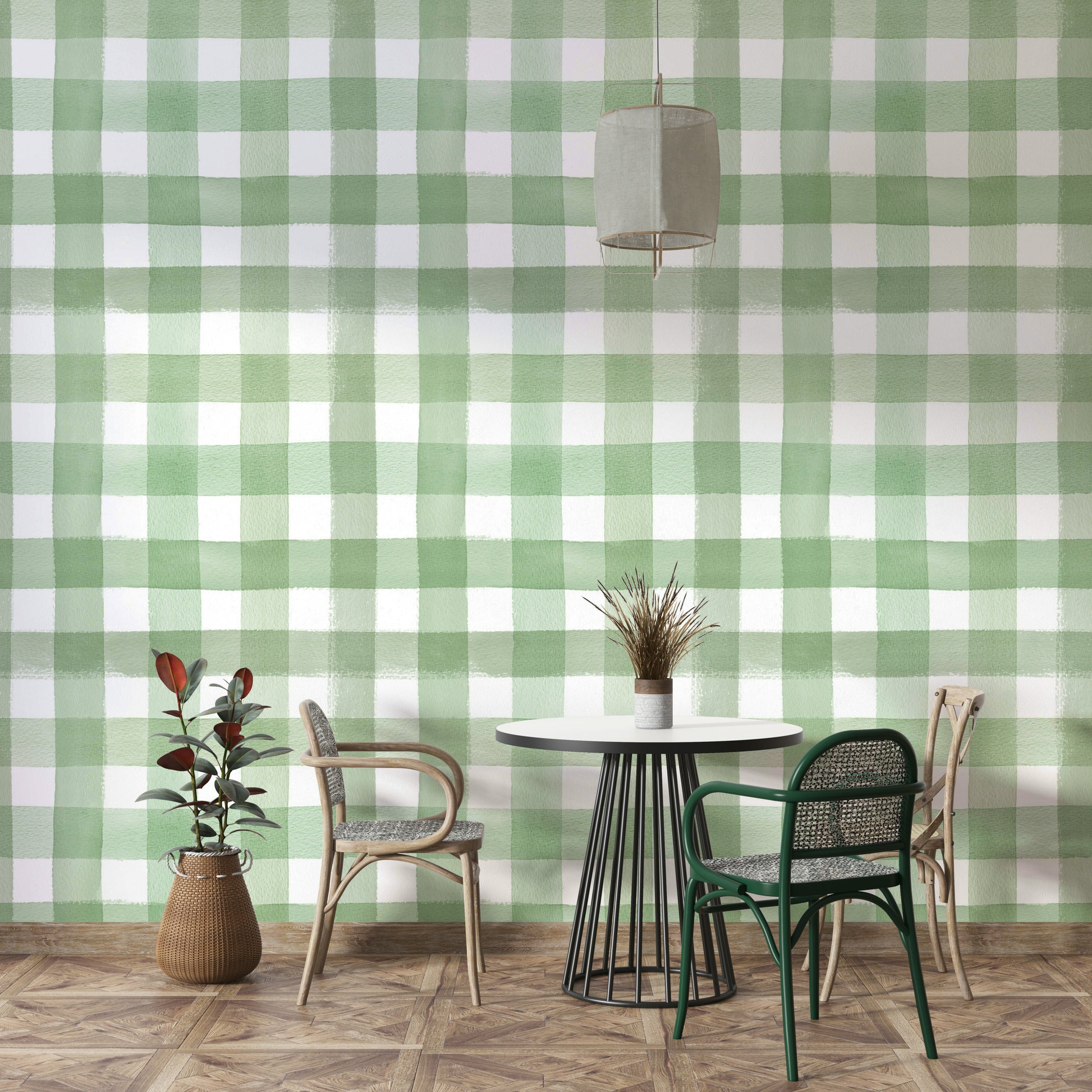 Light green check pattern mural with watercolor effects.

