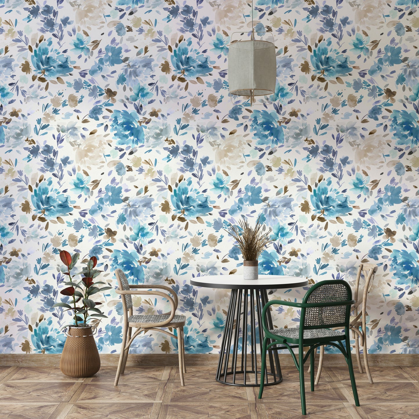 Blue floral wallpaper with a refined and calming design.

