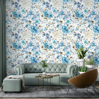 Wallpaper with gentle blue roses and green leaves on a light background.

