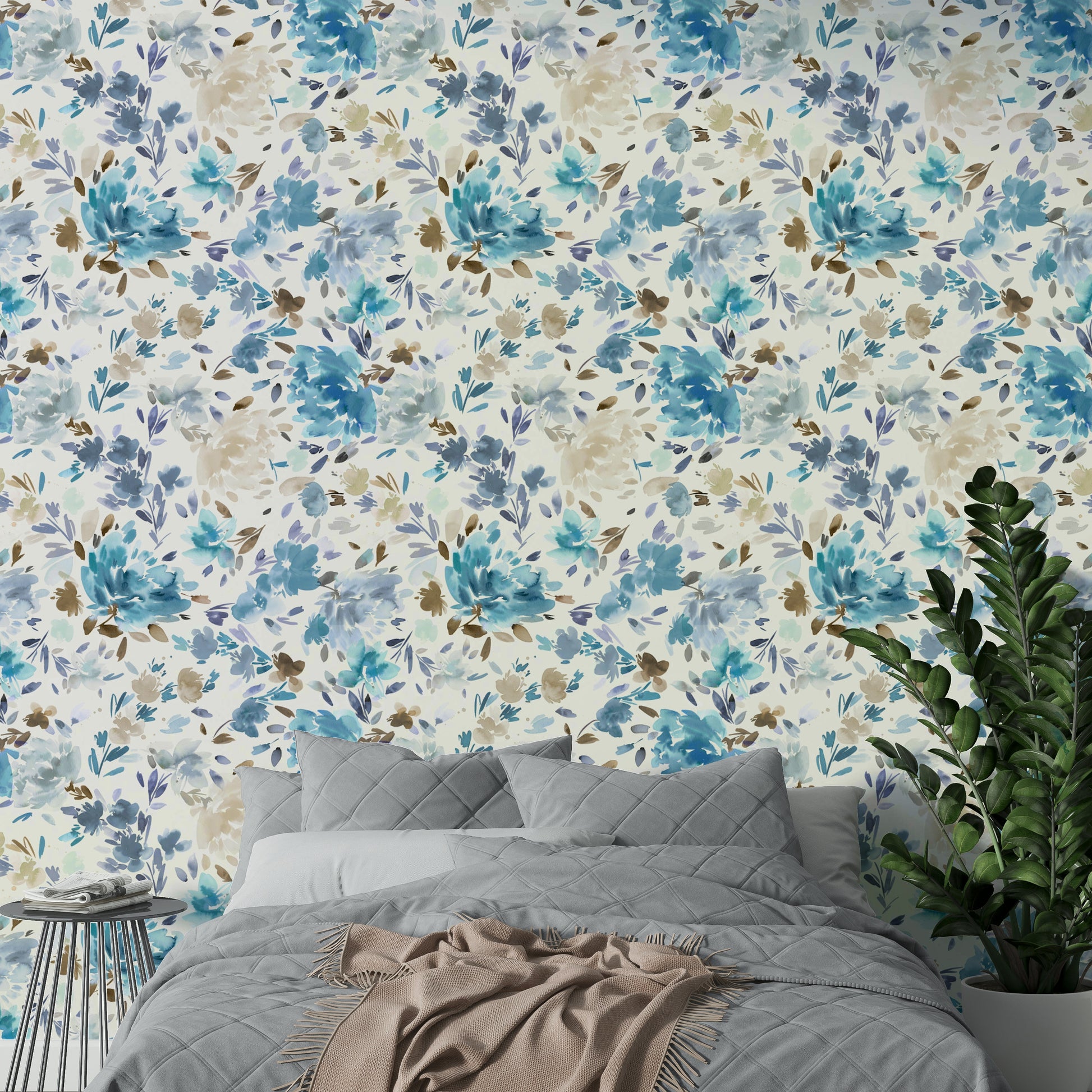 Elegant floral wallpaper featuring soft blue watercolor roses.

