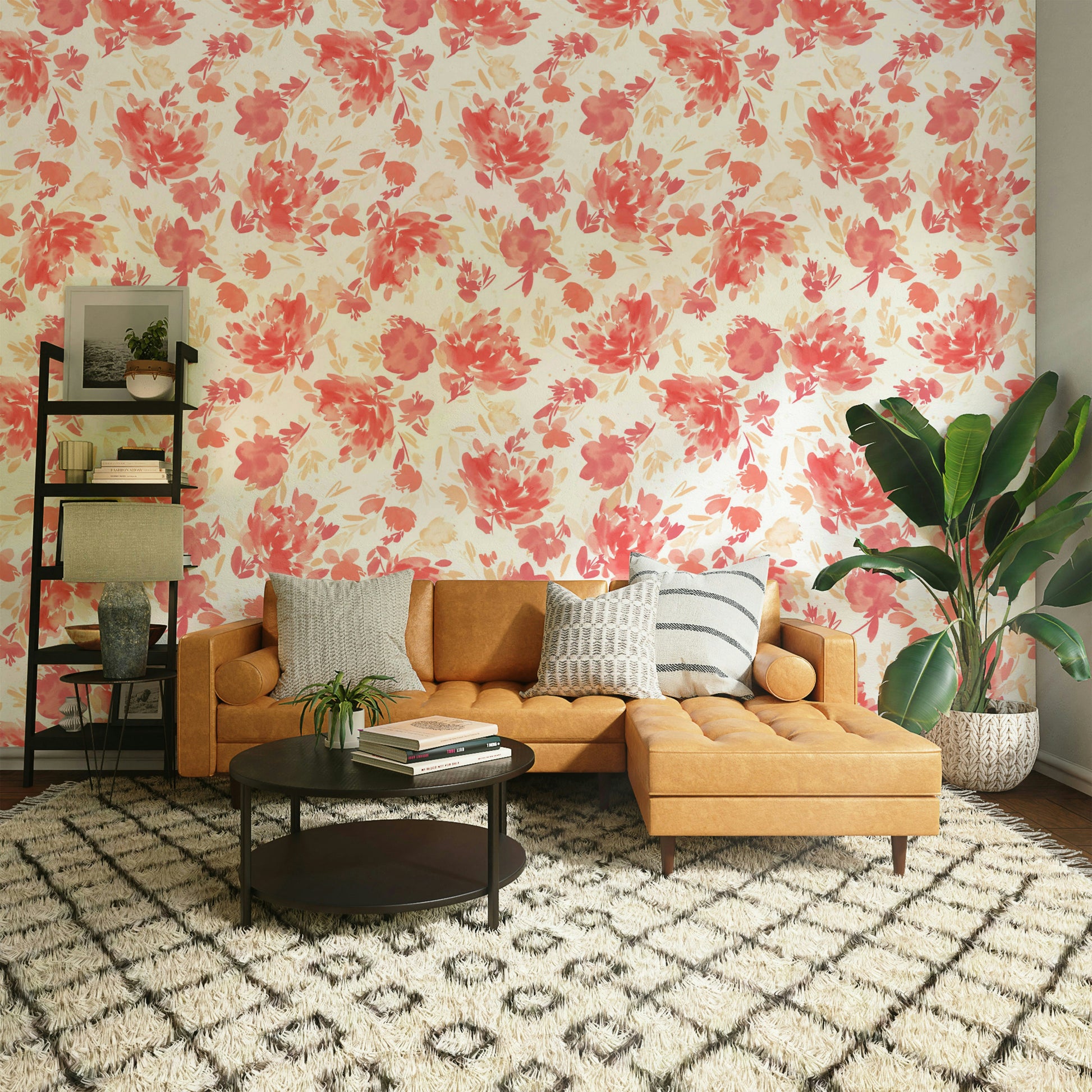 Light floral design with watercolor coral roses and soft shadows.

