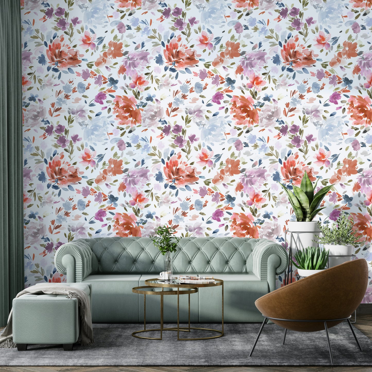 Elegant rose mural with red and blue flowers for refined interiors.

