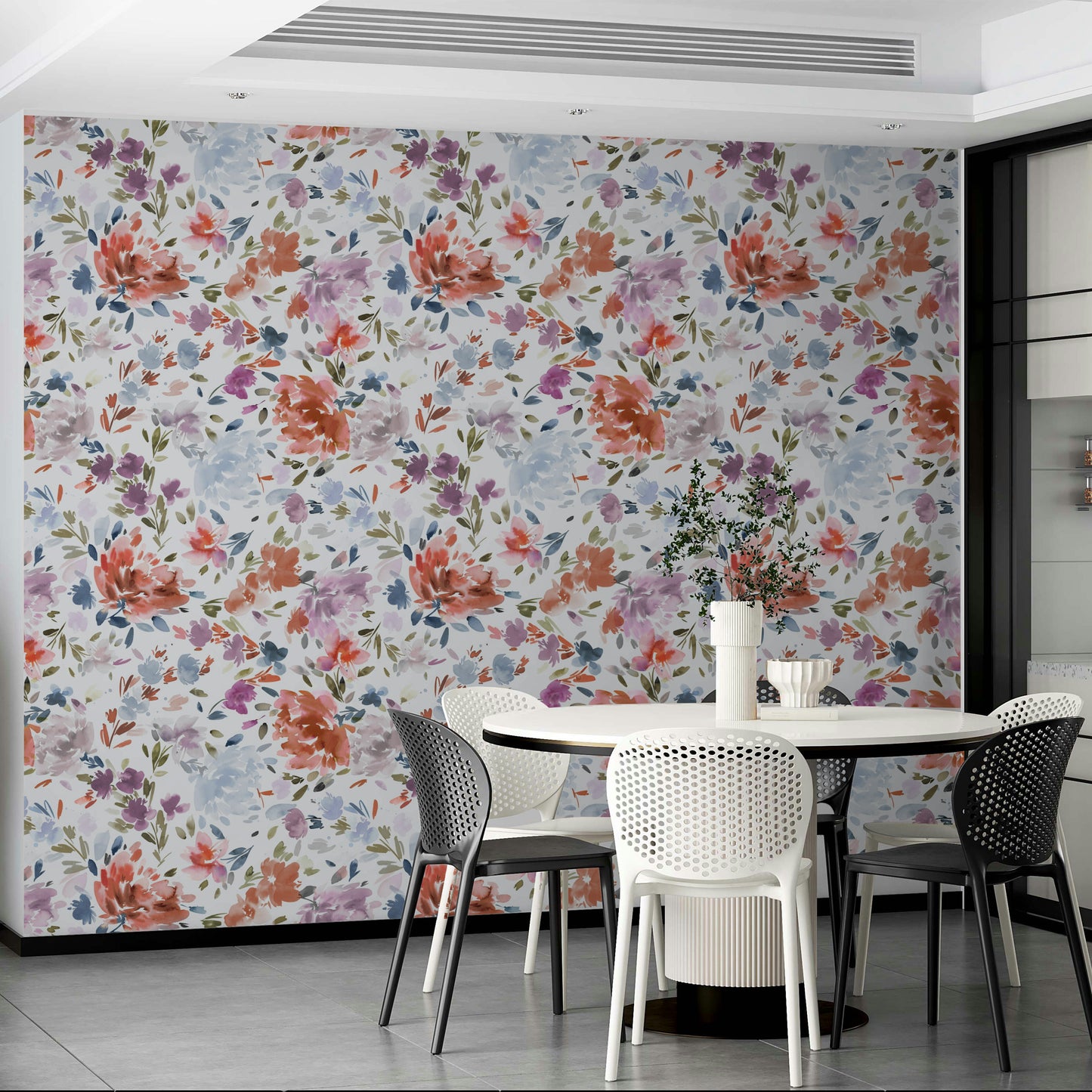 Floral wallpaper featuring watercolor roses in deep red and soft blue.

