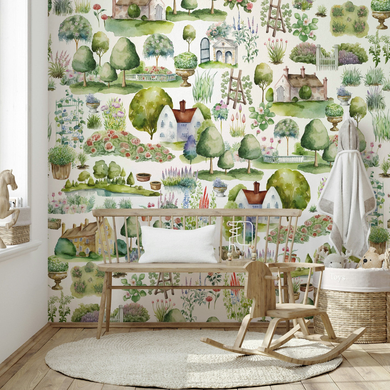 Wall mural with a watercolor countryside cottage scene.

