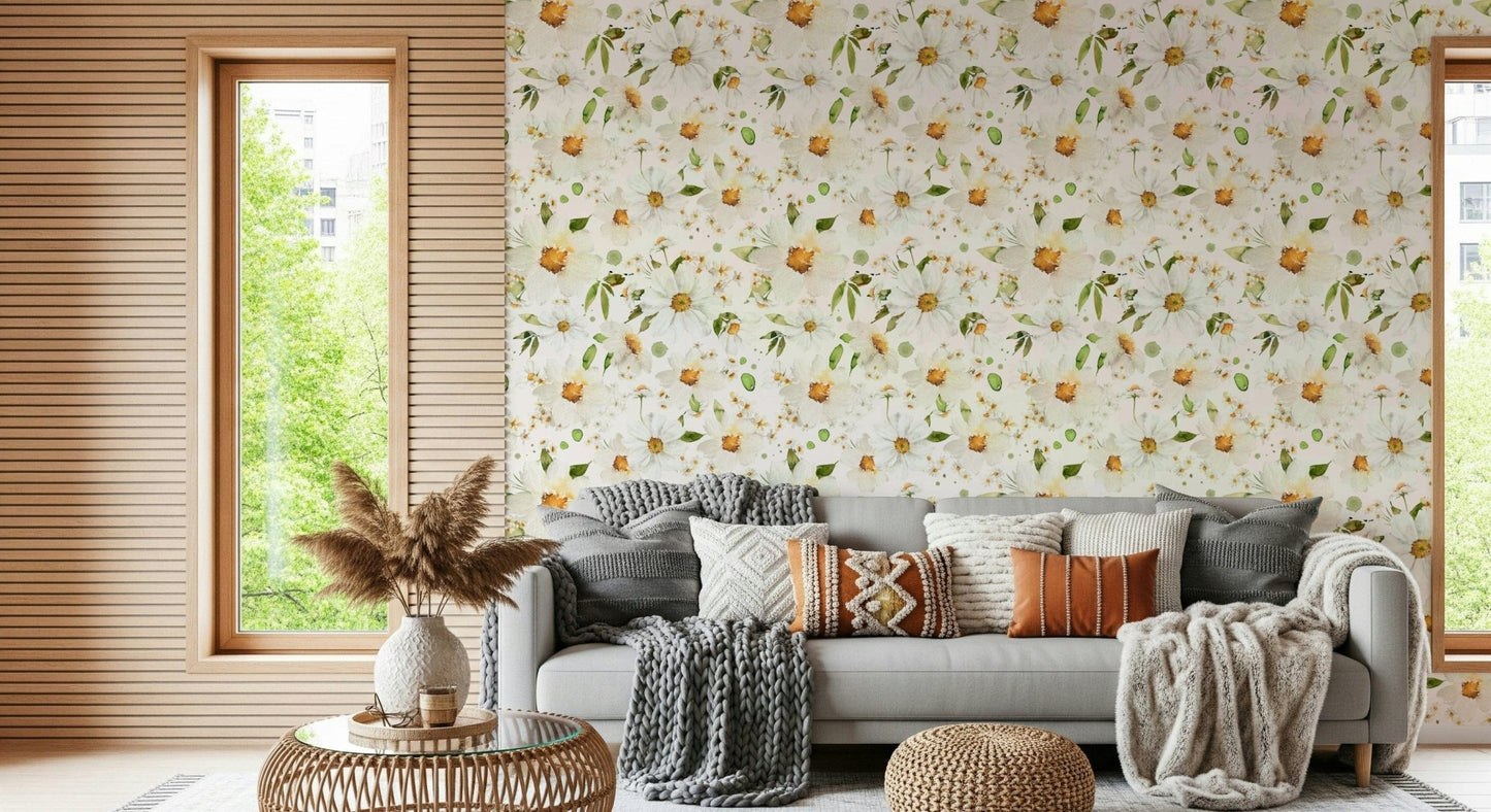 Lush Watercolor Daisy Dreams wall art, meadow flower aesthetic.