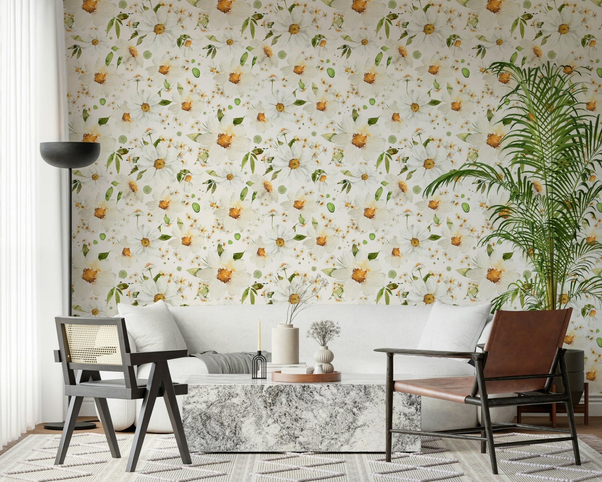 Watercolor Daisy Dreams wallpaper for walls, gentle floral pattern.