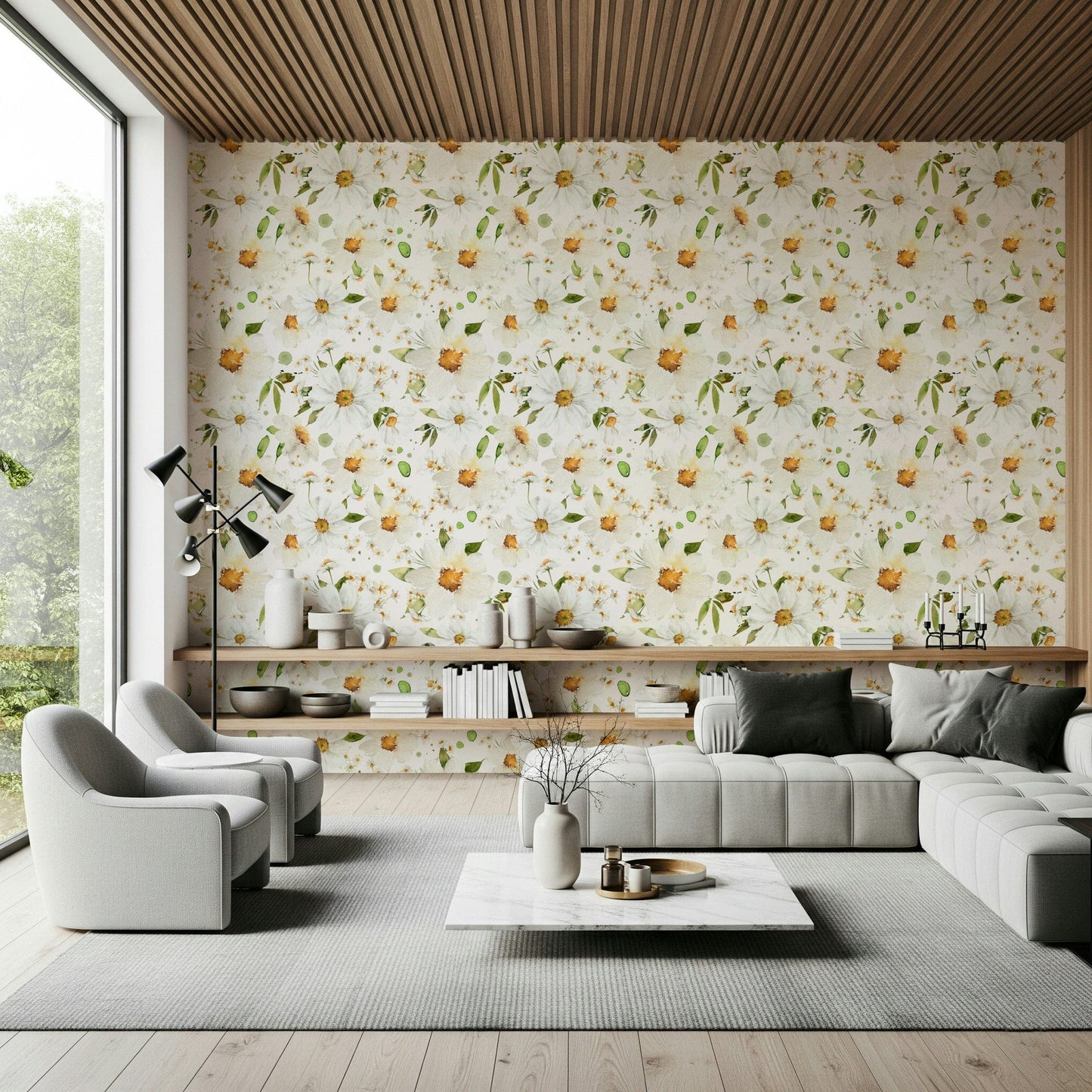 Beautiful Watercolor Daisy Dreams wall mural, white flowers.