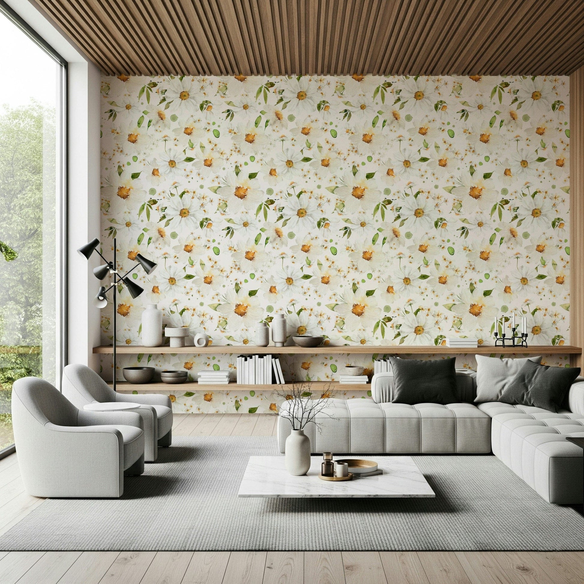 Beautiful Watercolor Daisy Dreams wall mural, white flowers.