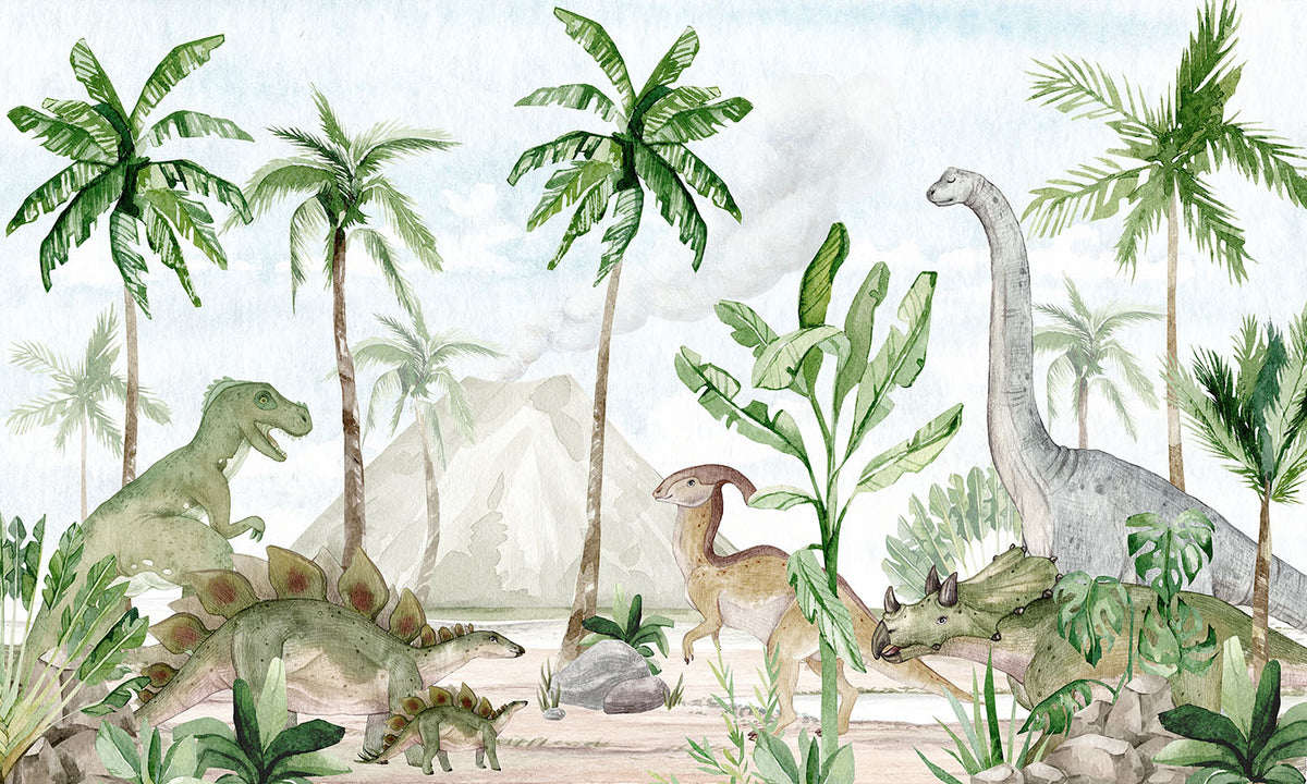 Watercolor Dinosaur Forest Wallpaper in your room — zoomed