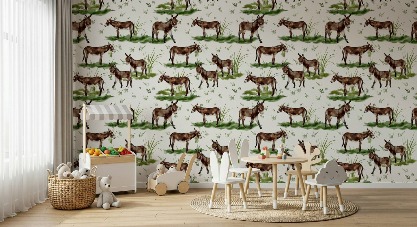 Cute Watercolor Donkeys self-adhesive wallpaper for walls.