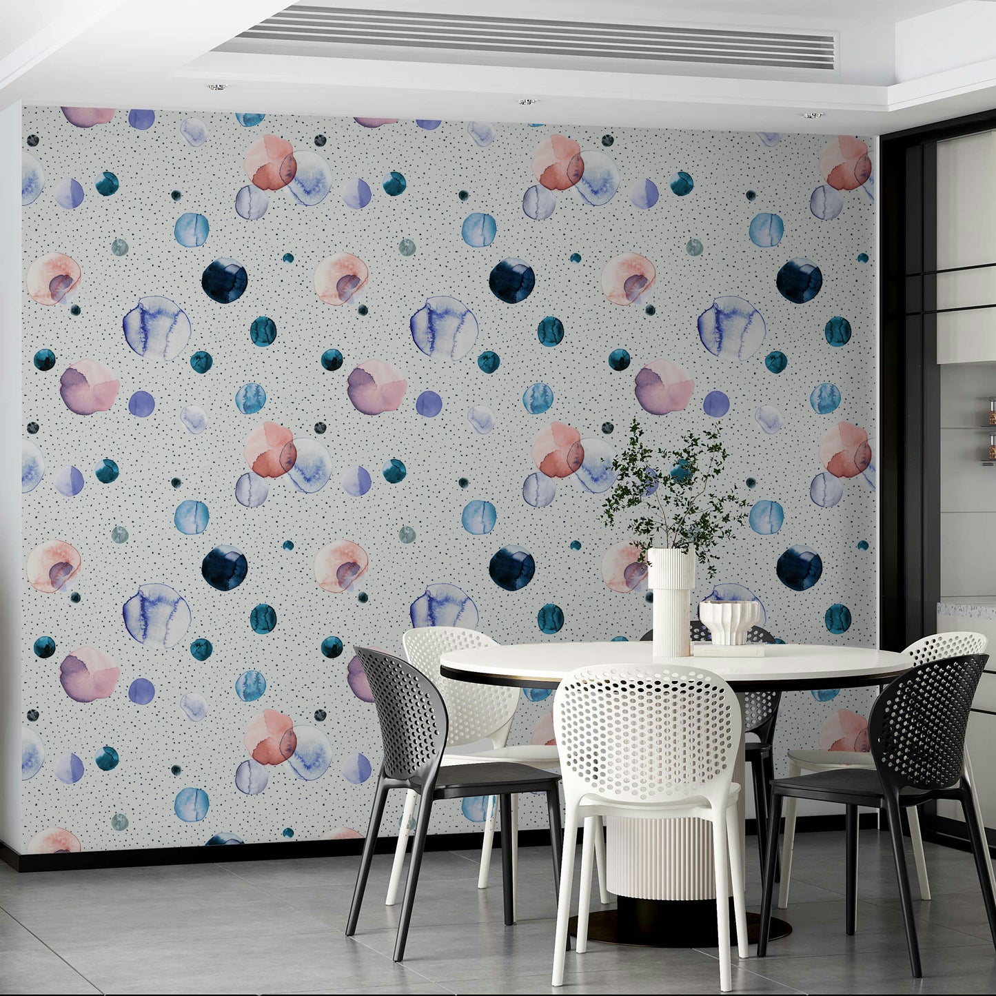 Artistic space speckled dots in soft watercolor tones for calming interiors.

