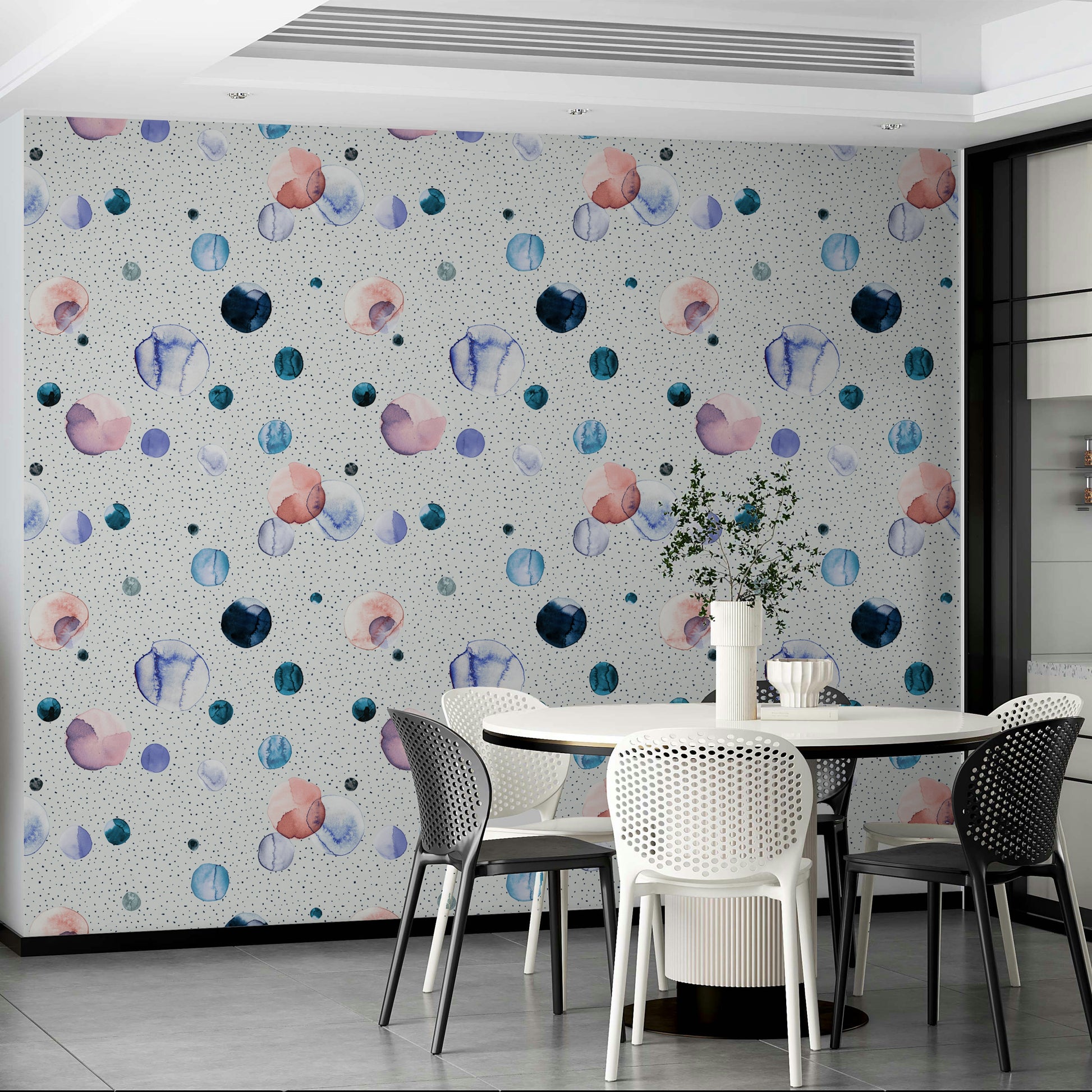 Artistic space speckled dots in soft watercolor tones for calming interiors.

