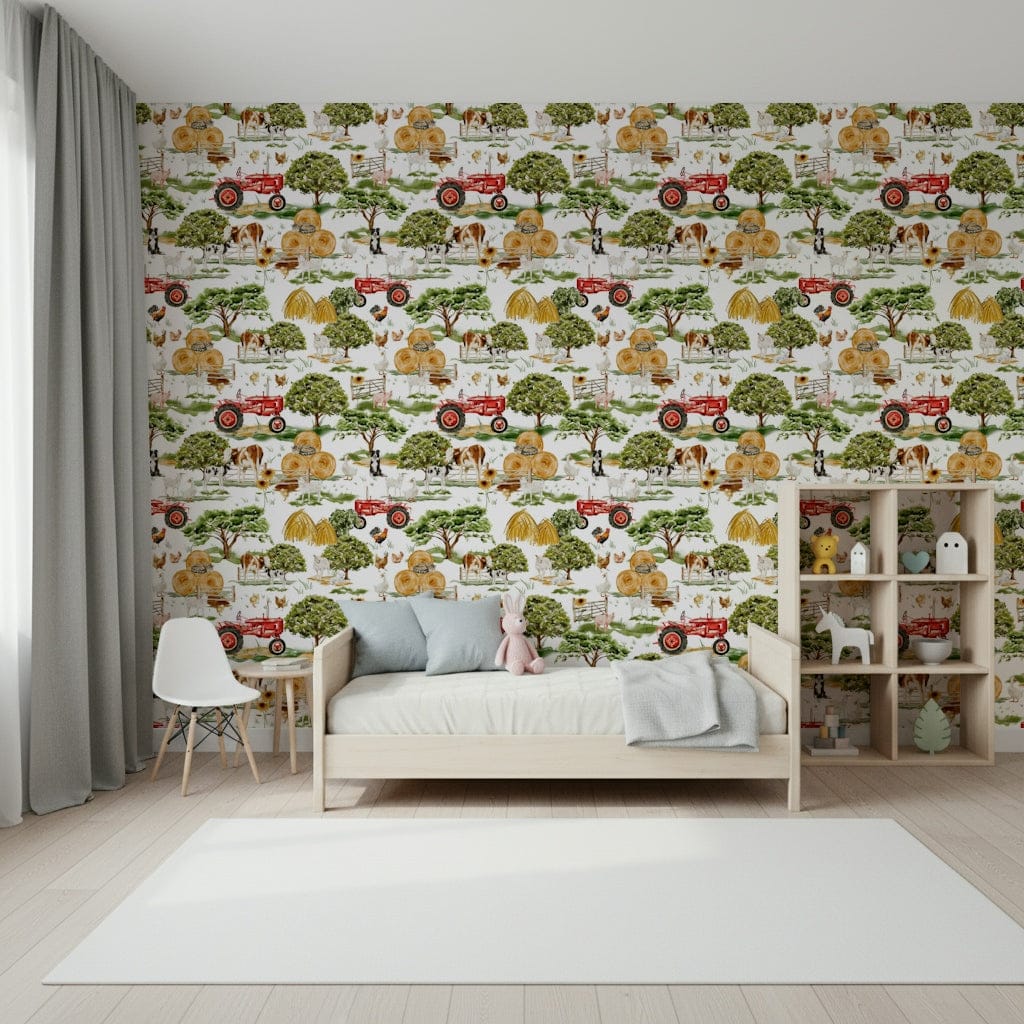 Pastoral Farm Animals print featuring sheep, ducks, and green scenery.