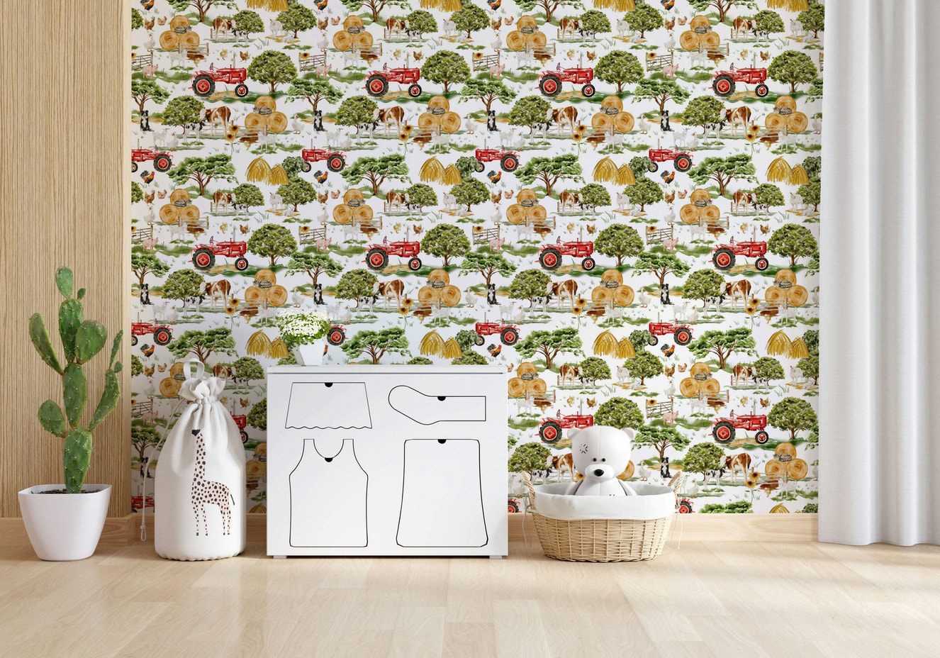 Farm Animals wall mural, watercolor cows, goats, and red tractor pattern.