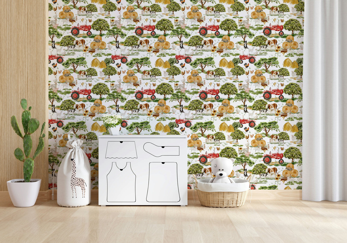 Farm Animals wall mural, watercolor cows, goats, and red tractor pattern.