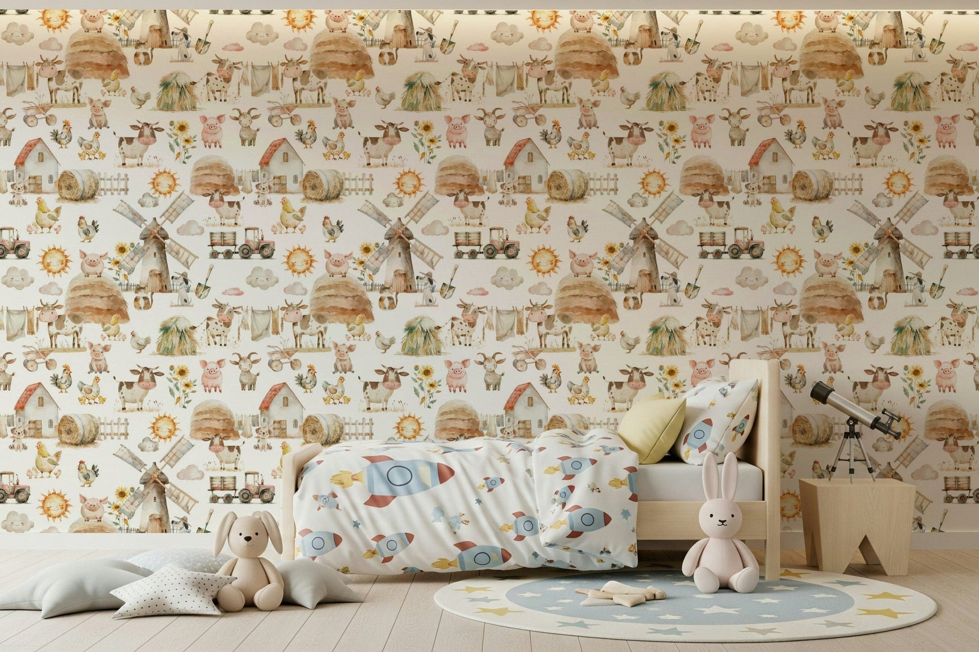 Nursery Watercolor Farm Fun backdrop, friendly pigs and sun motif.