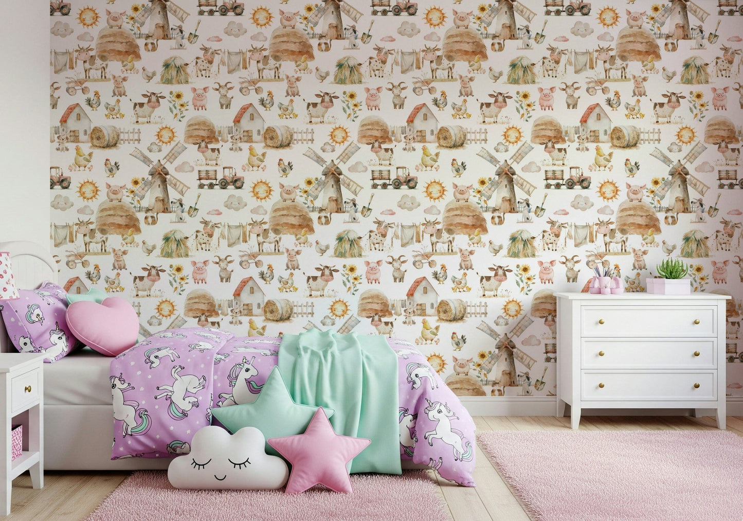 Watercolor Farm Fun, whimsical children's room wall decor, goats.