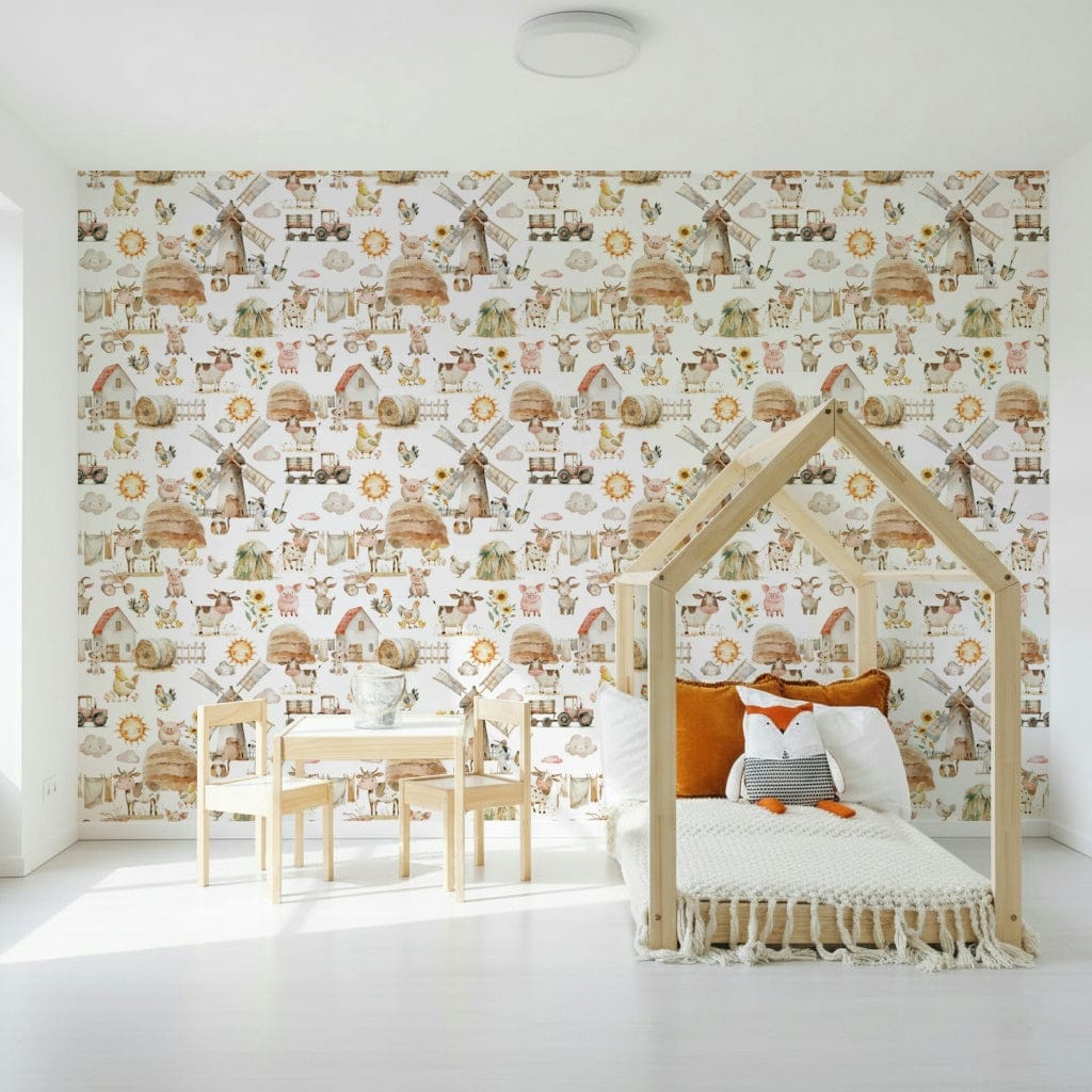 Homely Watercolor Farm Fun wall mural, friendly animal characters.