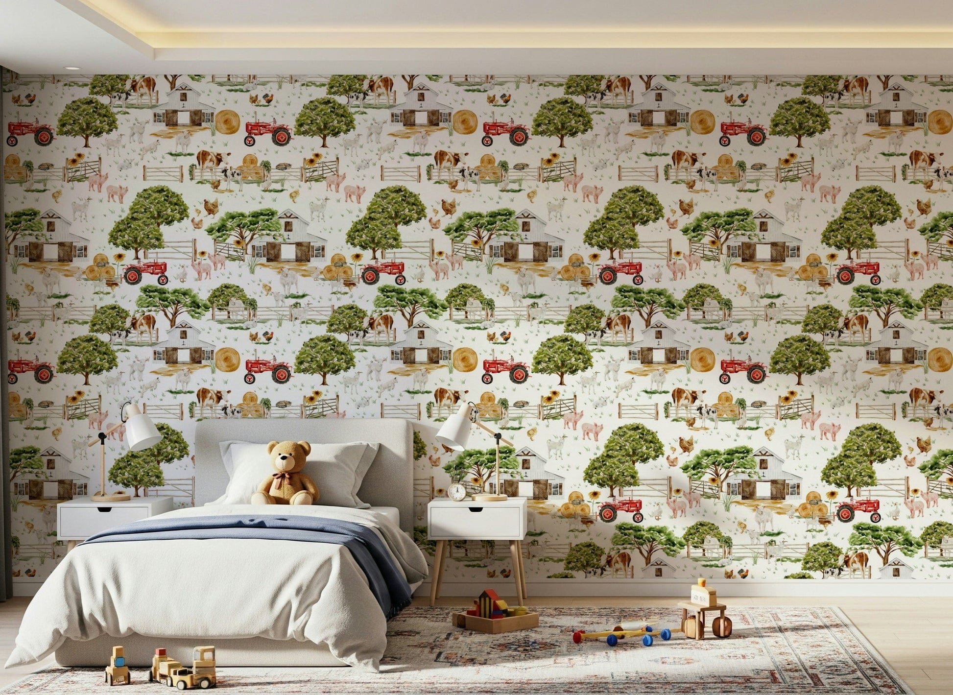 Nursery wallpaper featuring cute farmyard creatures, Watercolor Farm Life.