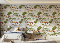 Nursery wallpaper featuring cute farmyard creatures, Watercolor Farm Life.