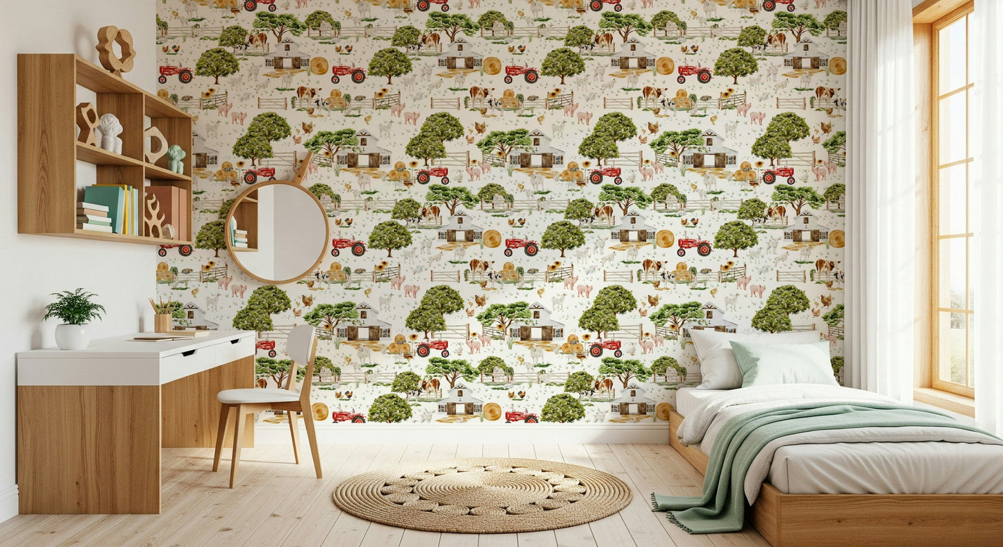 Watercolor Farm Life: Rustic wall design with livestock and sunflowers.