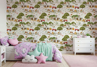 Countryside wallpaper, Watercolor Farm Life, with barnyard geese and ducks.