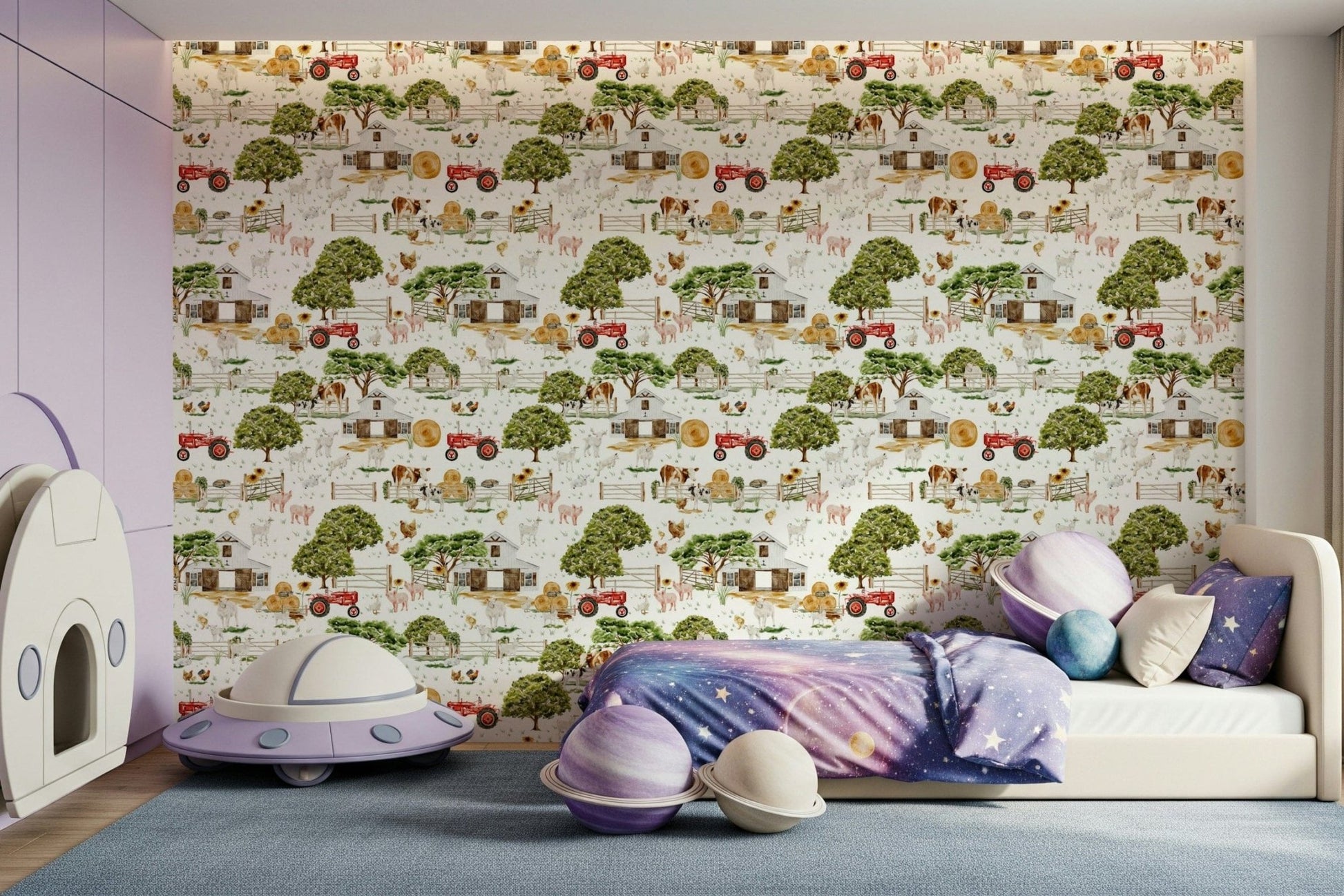 Watercolor Farm Life wallpaper for walls Pastoral scene, white background print.