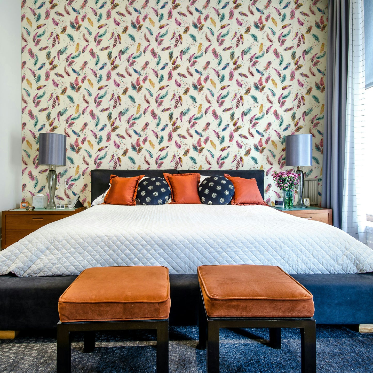 Watercolor feather print with rainbow tones

